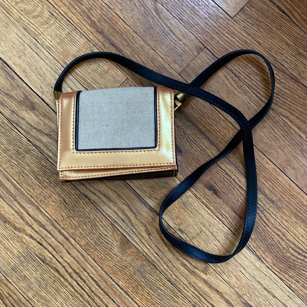 Hare + Hart bronze / black mini crossbody with burlap inset